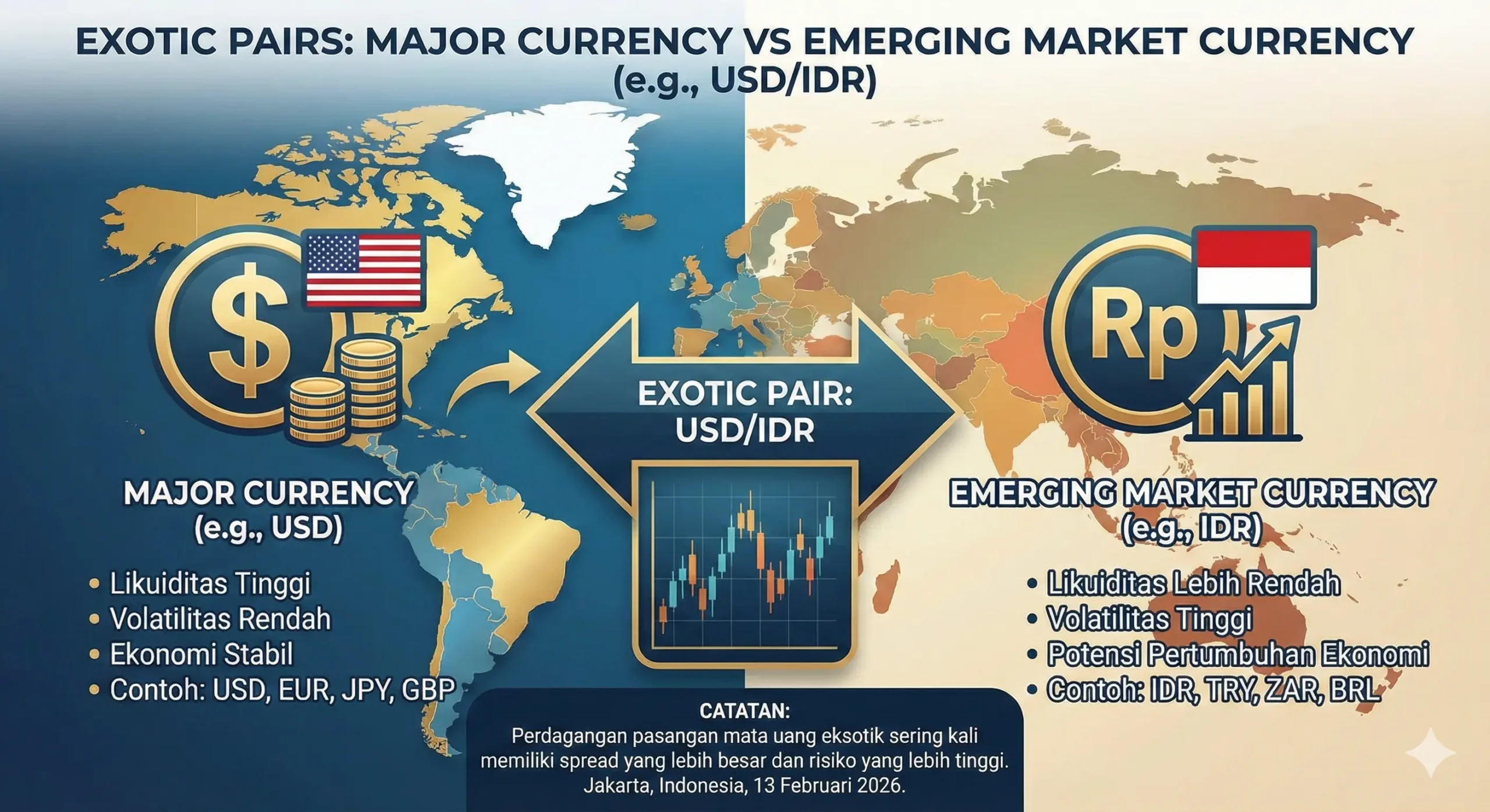Exotic Pairs: Major currency vs emerging market currency (e.g., USD/IDR)