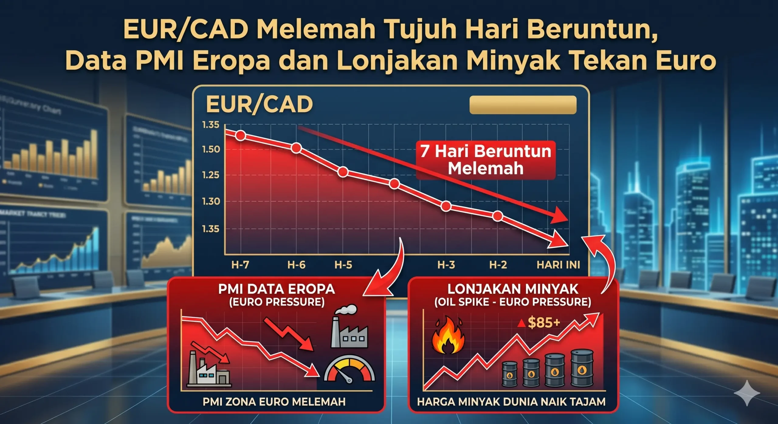 EUR/CAD Melemah Tujuh Hari Beruntun, Data PMI Eropa dan Lonjakan Minyak Tekan Euro