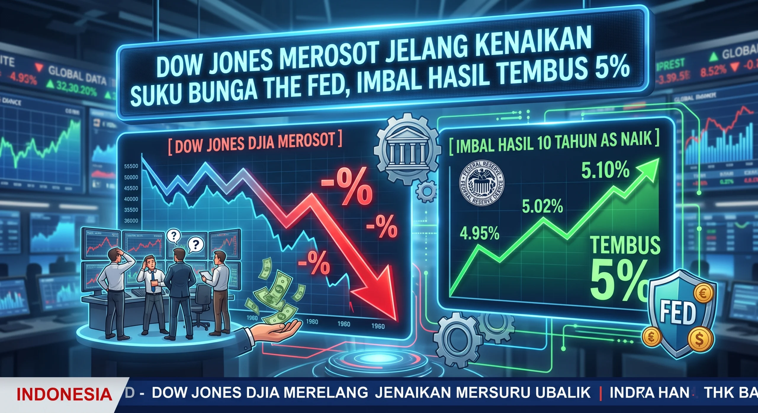 Dow Jones Merosot Jelang Kenaikan Suku Bunga The Fed, Imbal Hasil Tembus 5%